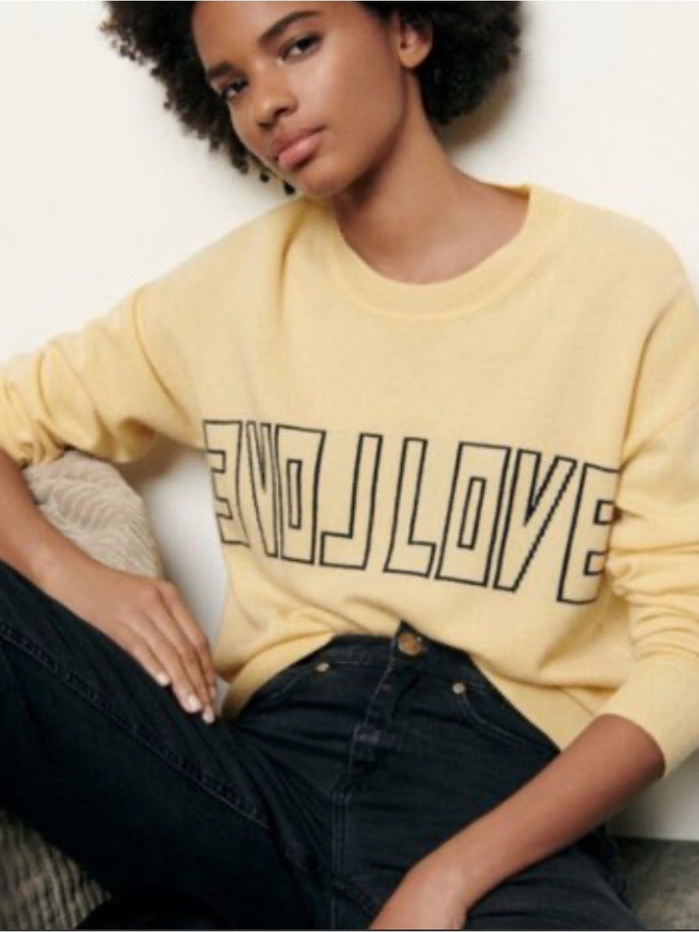 Sandro Pale Yellow Crewneck Sweater with LOVE Outline Size XS